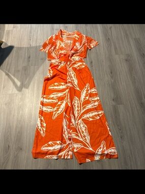 Orange Tropical Print Wide-Leg Two Piece Set